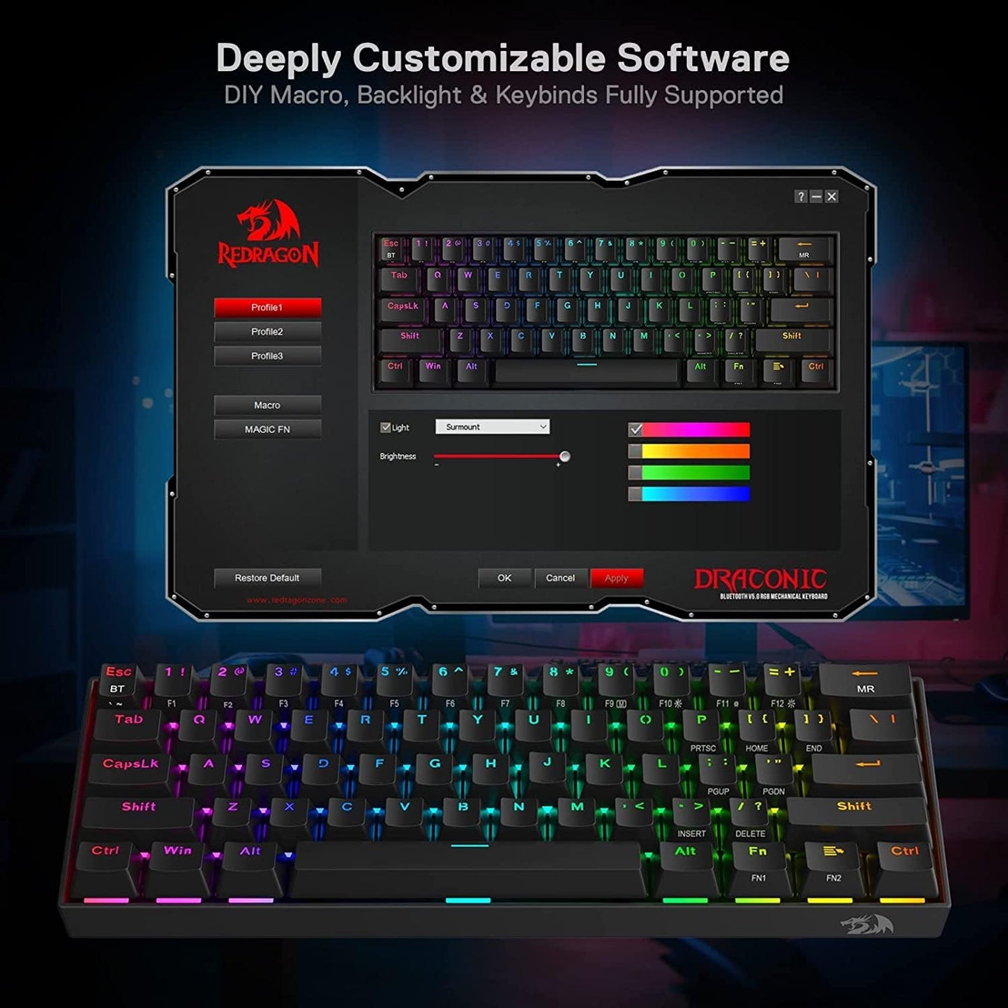 Teclado Redragon Draconic Pro K530 60% Rgb Wireless + Bluetooth